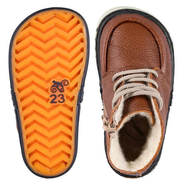 Ghete copii imblănite maro piele naturala barefoot Magical Shoes Takin