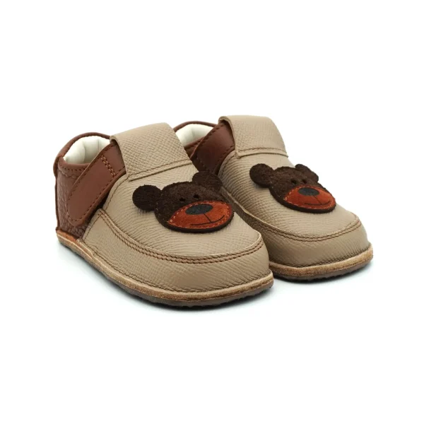 Papucei Pantofi Barefoot Primii Pasi bebe copii baieti maro crem ursulet