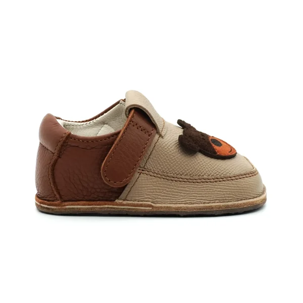Papucei Pantofi Barefoot Primii Pasi bebe copii baieti maro crem ursulet