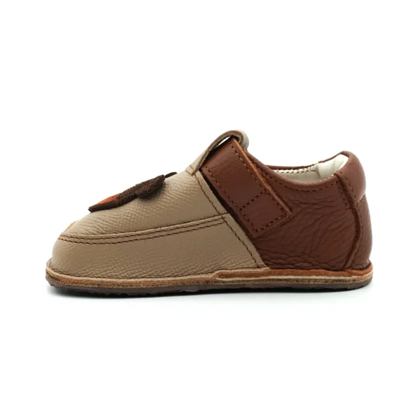 Papucei Pantofi Barefoot Primii Pasi bebe copii baieti maro crem ursulet