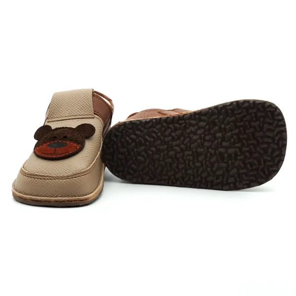 Papucei Pantofi Barefoot Primii Pasi bebe copii baieti maro crem ursulet