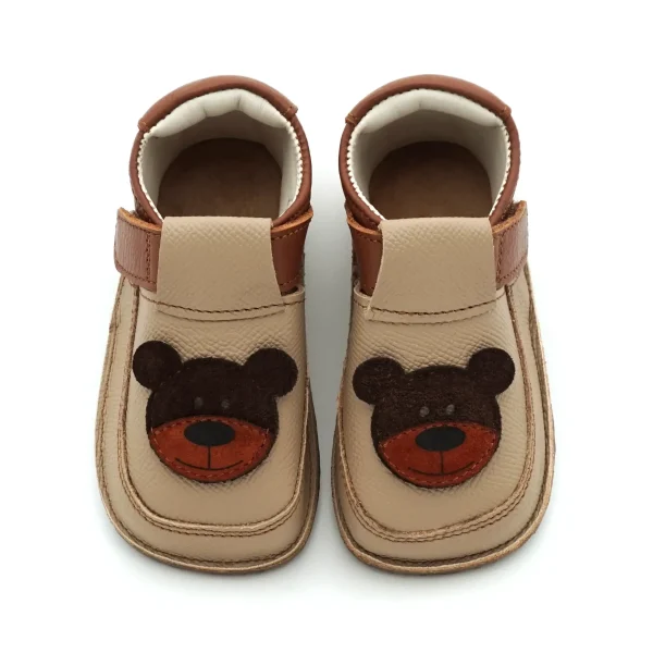 Papucei Pantofi Barefoot Primii Pasi bebe copii baieti maro crem ursulet
