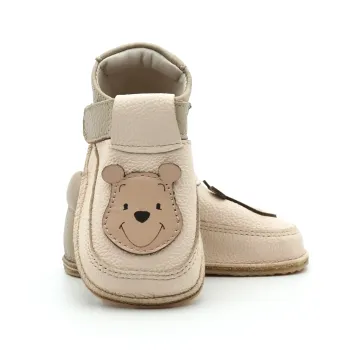 Pantofi Primii Pasi Papucei Barefoot bebe copii baieti fete maro crem ursulet winnie pooh