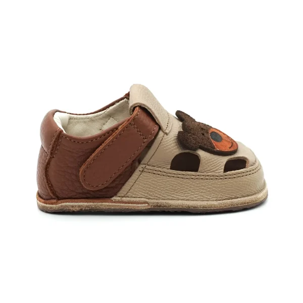 Sandalute bebelusi, sandale copii, sandale barefoot primii pasi bebe copii papucei baieti fete maro crem ursulet