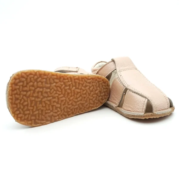Sandale bebelusi, sandale primii pasi barefoot sandale copii fete, piele naturala, talpa flexibila, bej perlat