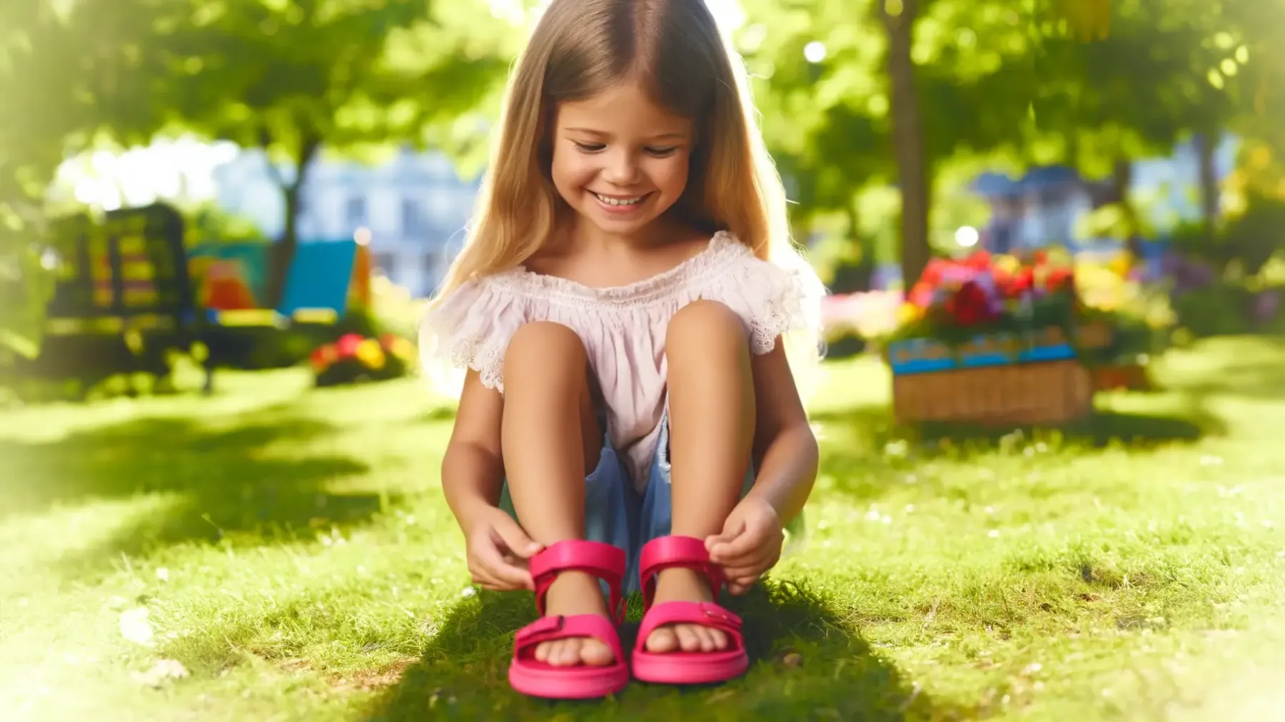 Fetita fericita cu sandalute roz asezata pe iarba in parc
