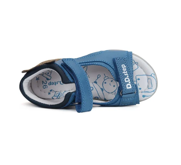 Sandalute copii primii pasi piele naturala talpa flexibila DD Step Albastru Tigru