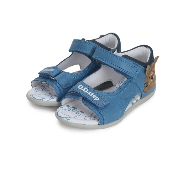 Sandalute copii primii pasi piele naturala talpa flexibila DD Step Albastru Tigru