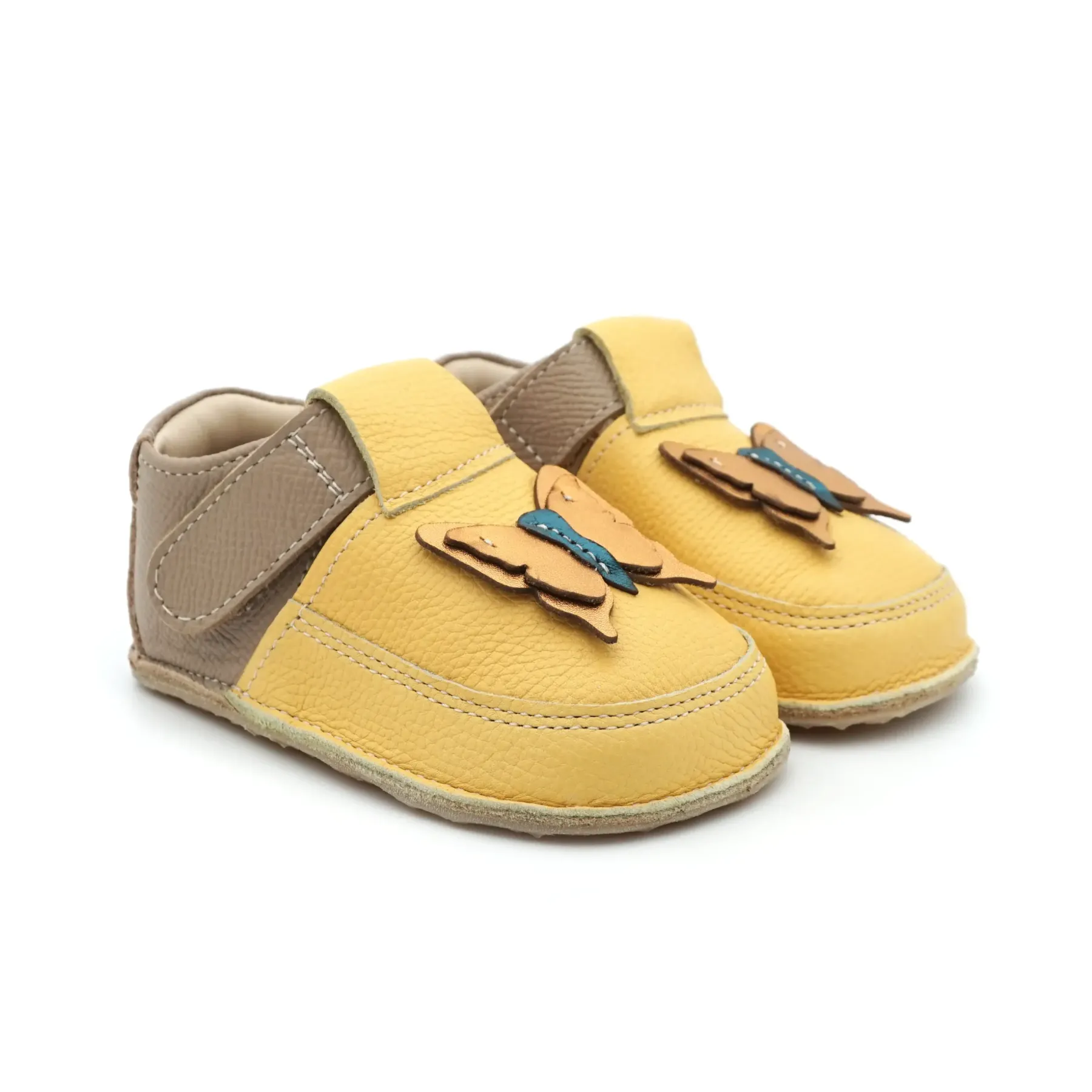 Papucei primii pasi fete, barefoot, piele naturala, talpa flexibila, galben, fluturas Papucei primii pasi fete, barefoot, piele naturala, talpa flexibila, galben, fluturas
