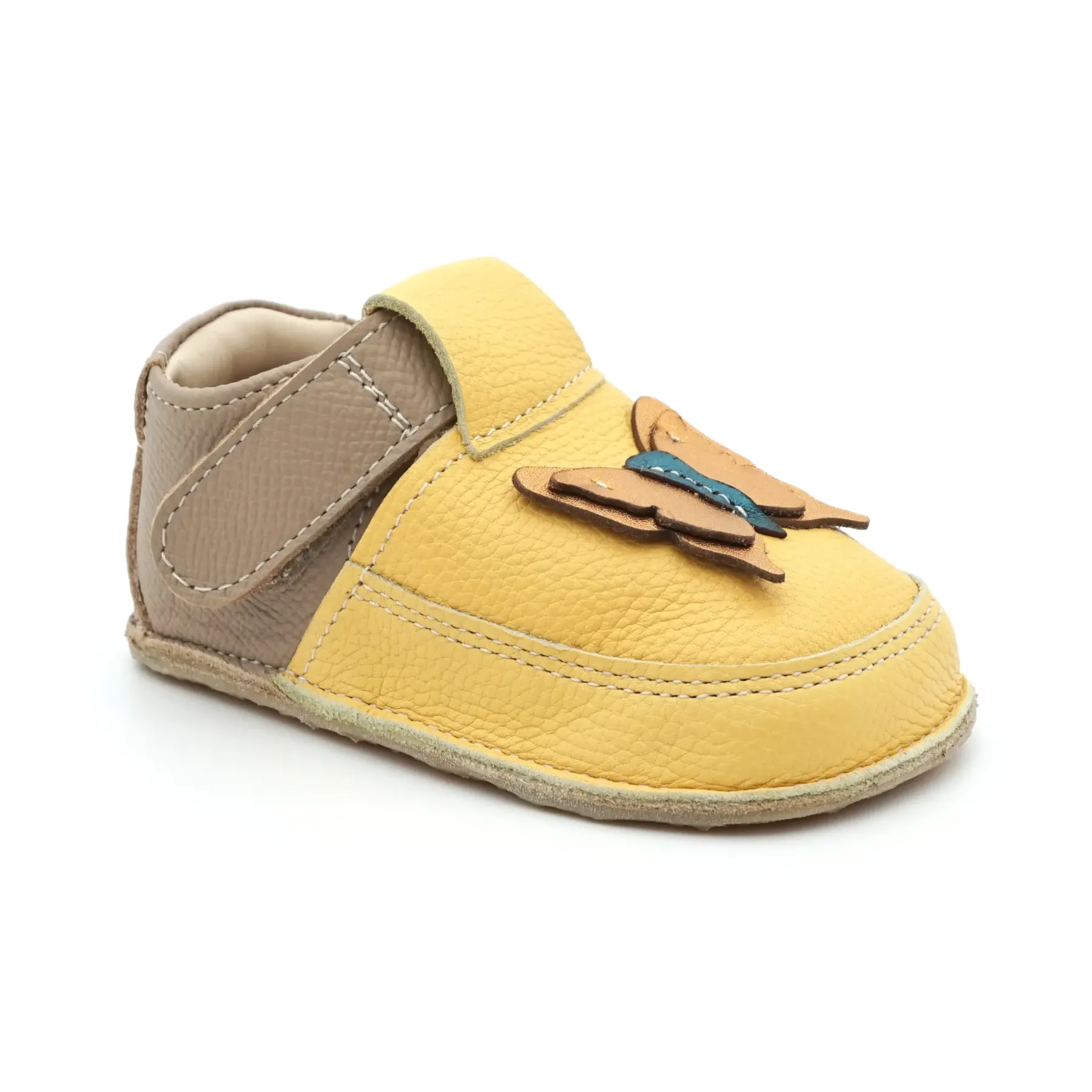 Papucei primii pasi fete, barefoot, piele naturala, talpa flexibila, galben, fluturas Papucei primii pasi fete, barefoot, piele naturala, talpa flexibila, galben, fluturas