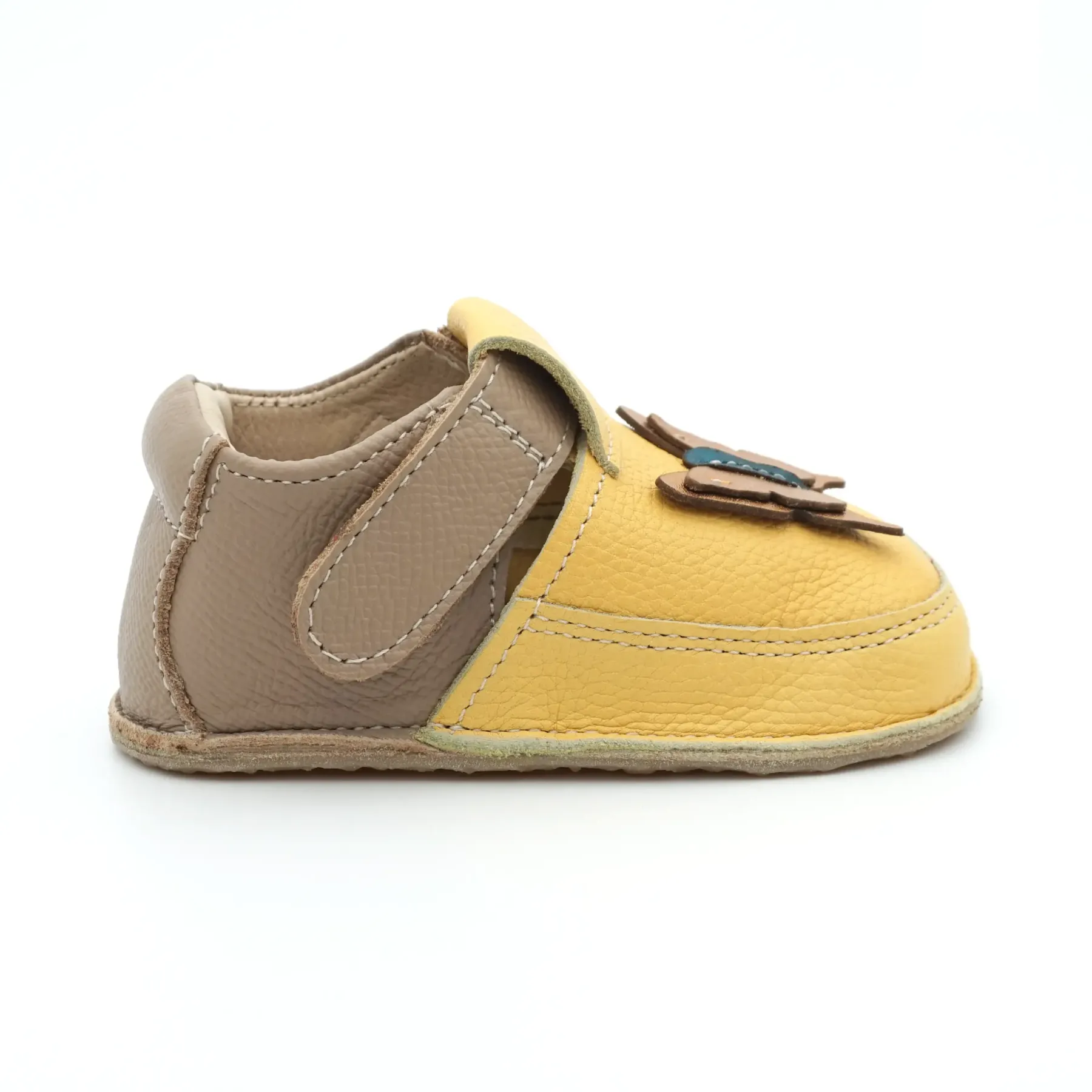 Papucei primii pasi fete, barefoot, piele naturala, talpa flexibila, galben, fluturas Papucei primii pasi fete, barefoot, piele naturala, talpa flexibila, galben, fluturas