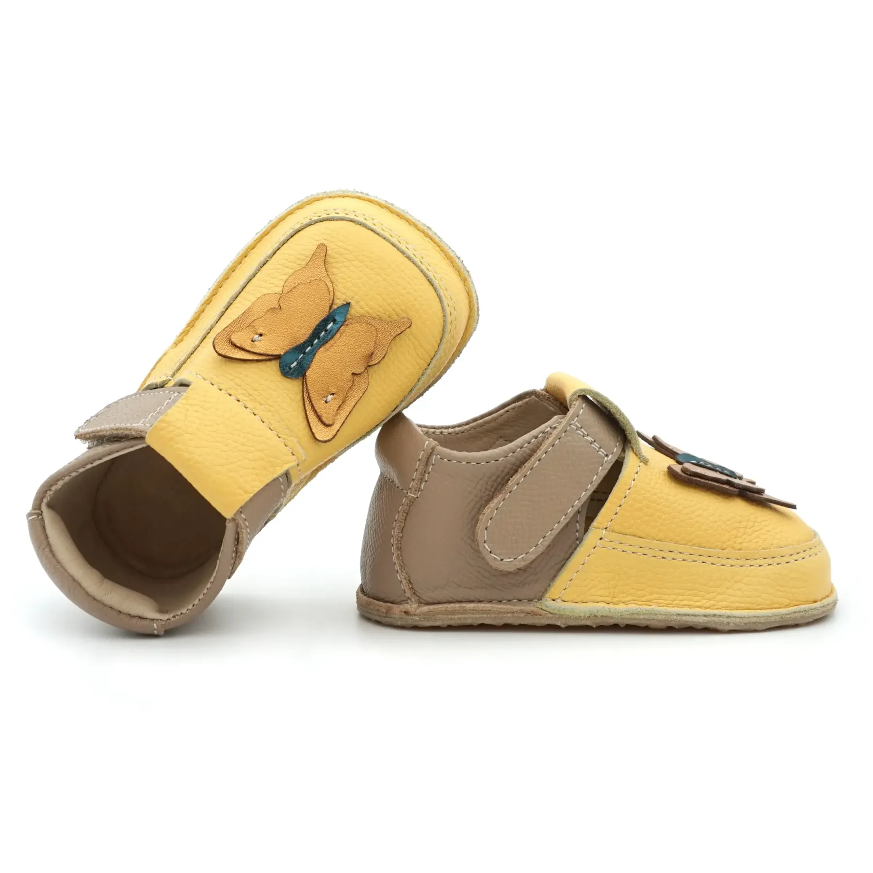 Papucei primii pasi fete, barefoot, piele naturala, talpa flexibila, galben, fluturas Papucei primii pasi fete, barefoot, piele naturala, talpa flexibila, galben, fluturas