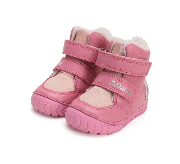 DD Step ghete copii primii pasi fete barefoot imblanite piele naturala talpa flexibila roz iepuras