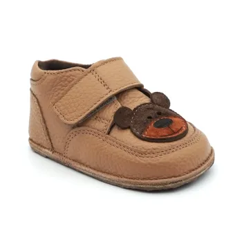 Ghete copii primii pasi barefoot baieti fete bebelusi piele naturala talpa flexibila maro ursulet