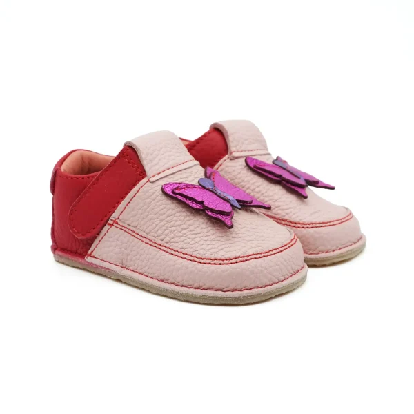 Pantofi Primii Pasi Papucei Barefoot bebe copii fete roz rosu fluturas