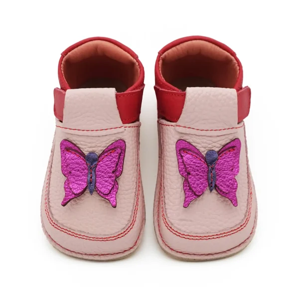 Pantofi Primii Pasi Papucei Barefoot bebe copii fete roz rosu fluturas