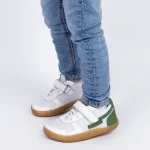 Adidasi baieti barefoot copii si bebelusi, papucei primii pasi bebelusi, piele naturala, talpa flexibila, incaltaminte copii, Chetto, alb verde