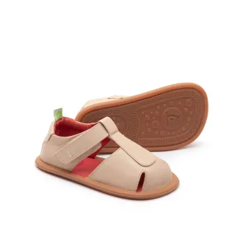 Sandale copii barefoot, primii pasi, piele naturala, talpa flexibila, forma anatomica, crem, velcro, Tip Toey Joey