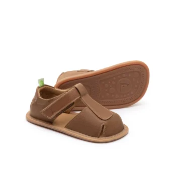 Sandale copii barefoot, primii pasi, piele naturala, talpa flexibila, forma anatomica, maro, velcro, Tip Toey Joey