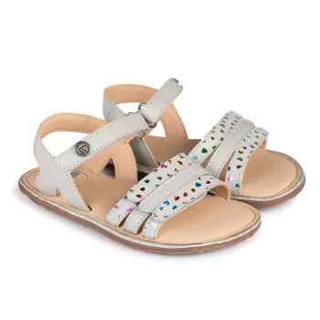 Sandale barefoot copii, fete, piele naturala, gri, talpa flexibila, Chetto, inimioare