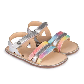 Sandale barefoot copii, fete, piele naturala, gri, talpa flexibila, Chetto, curcubeu, colorate