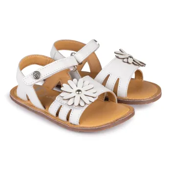 Sandale barefoot copii, fete, piele naturala, alb, talpa flexibila, Chetto, floare