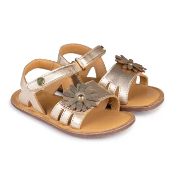 Sandale barefoot copii, fete, piele naturala, auriu, talpa flexibila, Chetto, floare