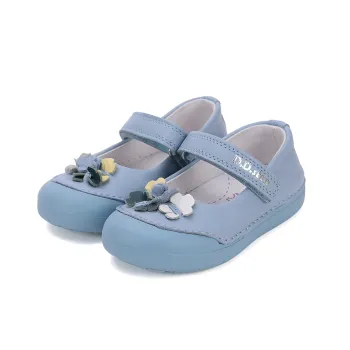 Sandale bebelusi, barefoot primii pasi, fete, piele naturala, talpa flexibila, bleu, floricele, DD Step