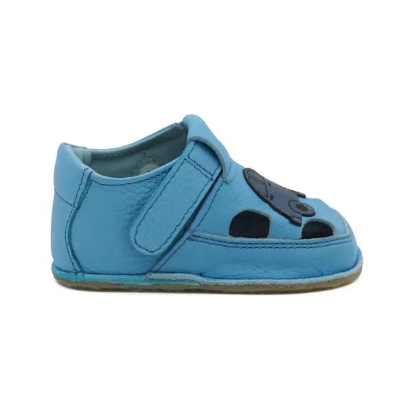 Sandale bebelusi si copii, baieti, primii pasi, barefoot, piele naturala, talpa flexibila, masinuta, albastru