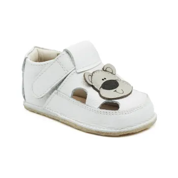 Sandale bebelusi si copii, baieti, primii pasi, barefoot, piele naturala, talpa flexibila, ursulet Baloo, alb