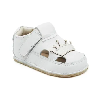 Sandale bebelusi si copii, fete, primii pasi, barefoot, piele naturala, talpa flexibila, coronita printesa, alb