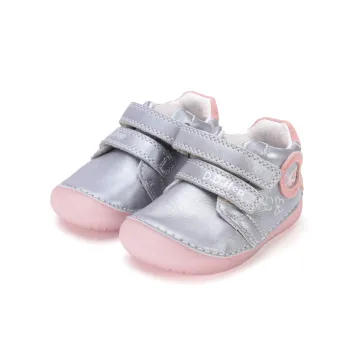 DD Step, pantofi primii pasi, bebelusi fetite, barefoot, piele naturala, talpa flexibila, inchidere scai, gri roz