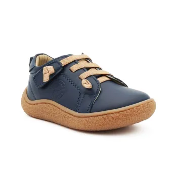 Pantofi barefoot copii, tip Camper, pantofi copii baieti, piele naturala, talpa flexibila, varf lat, sireturi elastice, albastru inchis