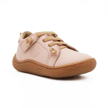 Pantofi barefoot copii, tip Camper, fete, piele naturala, talpa flexibila, varf lat, sireturi elastice, roz pudra