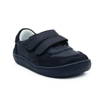 Pantofi primii pasi barefoot, pantofi copii baieti, piele naturala, talpa flexibila, varf lat, inchidere dublu velcro, albstru inchis