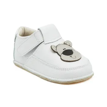 Pantofi primii pasi bebelusi fete baieti, barefoot, piele naturala, talpa flexibila, inchidere velcro, alb uruslet Baloo
