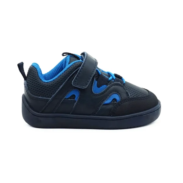 Pantofi primii pasi barefoot, pantofi copii baieti, piele naturala perforata, talpa flexibila, varf lat, inchidere velcro si sireturi elastice, albastru inchis