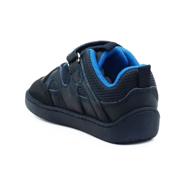 Pantofi primii pasi barefoot, pantofi copii baieti, piele naturala perforata, talpa flexibila, varf lat, inchidere velcro si sireturi elastice, albastru inchis