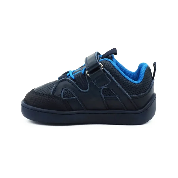 Pantofi primii pasi barefoot, pantofi copii baieti, piele naturala perforata, talpa flexibila, varf lat, inchidere velcro si sireturi elastice, albastru inchis