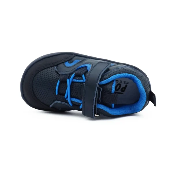 Pantofi primii pasi barefoot, pantofi copii baieti, piele naturala perforata, talpa flexibila, varf lat, inchidere velcro si sireturi elastice, albastru inchis