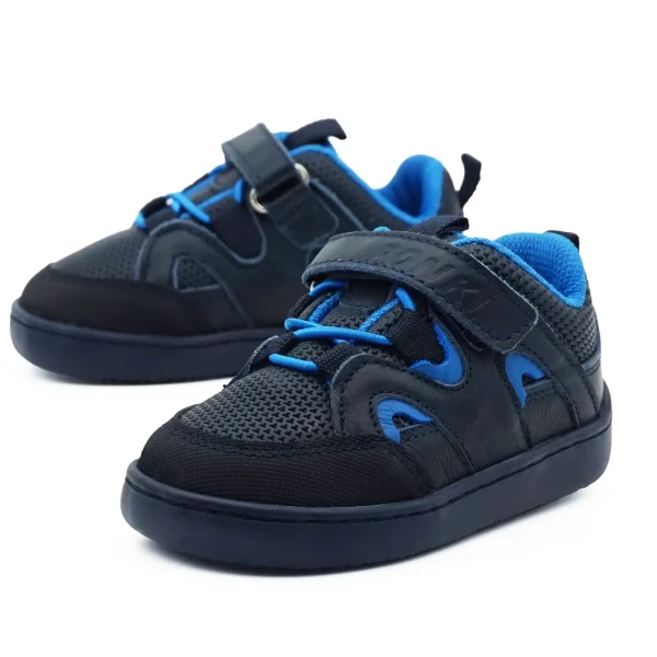 Pantofi primii pasi barefoot, pantofi copii baieti, piele naturala perforata, talpa flexibila, varf lat, inchidere velcro si sireturi elastice, albastru inchis