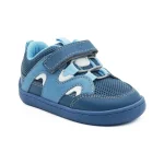 Pantofi primii pasi barefoot, pantofi copii baieti, piele naturala perforata, talpa flexibila, varf lat, inchidere velcro si sireturi elastice, albastru