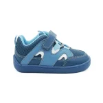Pantofi primii pasi barefoot, pantofi copii baieti, piele naturala perforata, talpa flexibila, varf lat, inchidere velcro si sireturi elastice, albastru