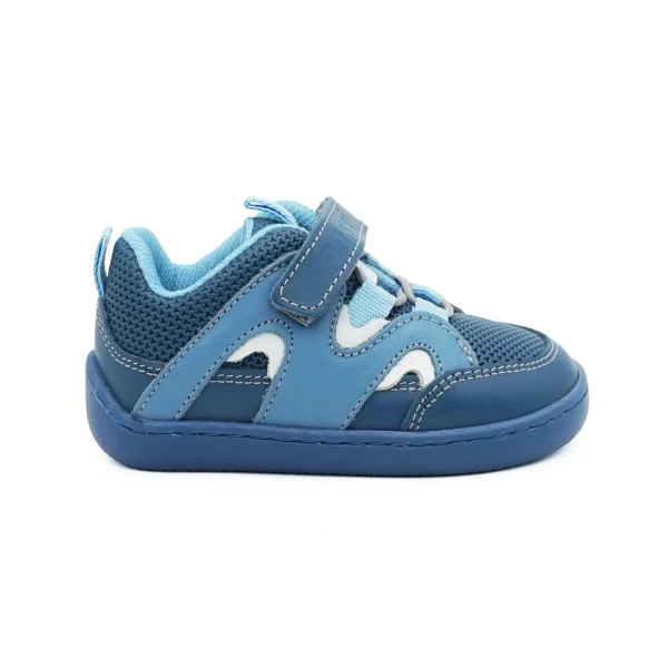 Pantofi primii pasi barefoot, pantofi copii baieti, piele naturala perforata, talpa flexibila, varf lat, inchidere velcro si sireturi elastice, albastru
