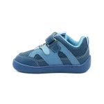 Pantofi primii pasi barefoot, pantofi copii baieti, piele naturala perforata, talpa flexibila, varf lat, inchidere velcro si sireturi elastice, albastru