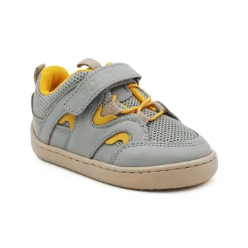 Pantofi primii pasi barefoot, pantofi copii baieti, piele naturala perforata, talpa flexibila, varf lat, inchidere velcro si sireturi elastice, gri