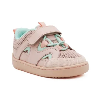Pantofi primii pasi barefoot, fete, piele naturala perforata, talpa flexibila, varf lat, inchidere velcro si sireturi elastice, roz