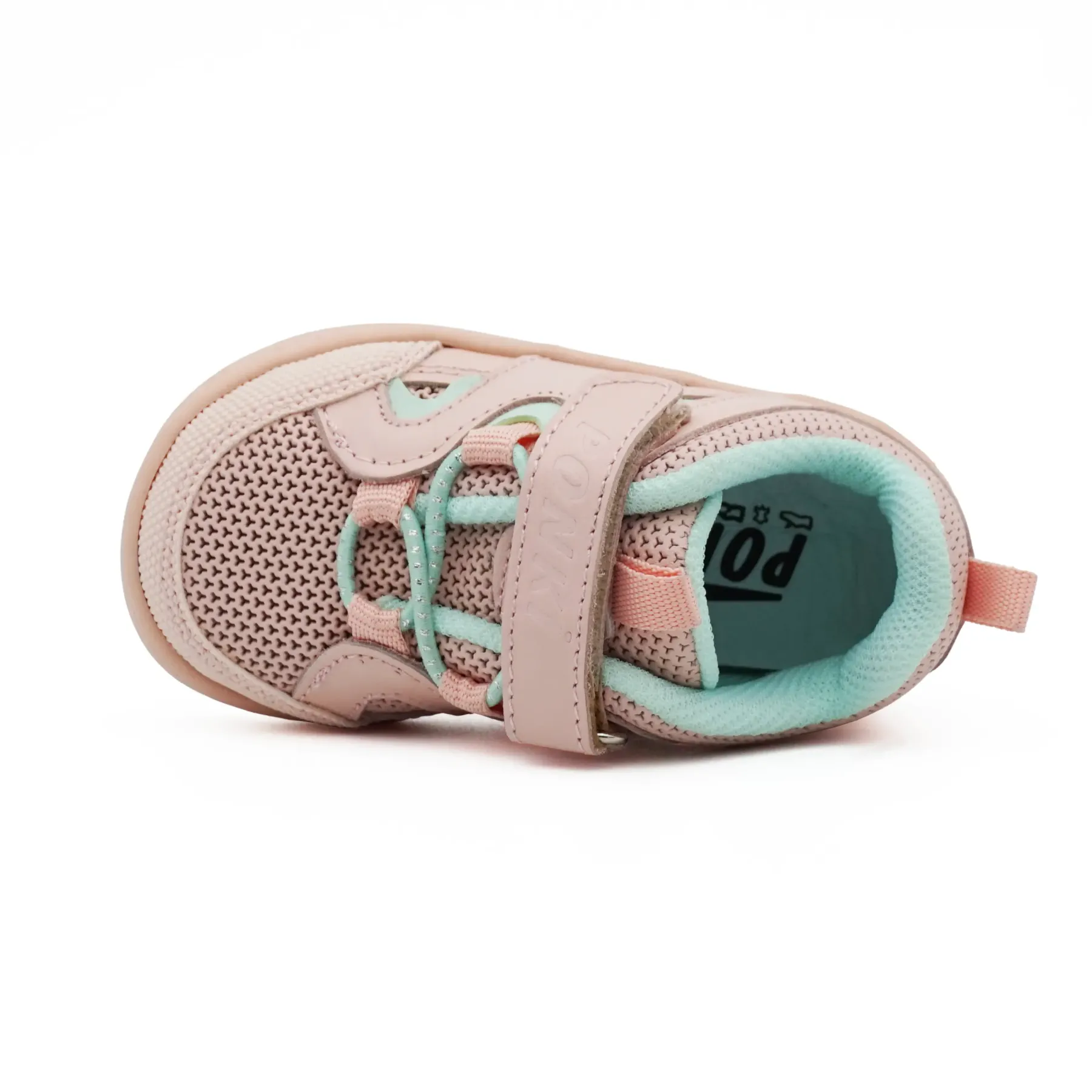 Pantofi primii pasi barefoot, fete, piele naturala perforata, talpa flexibila, varf lat, inchidere velcro si sireturi elastice, roz Pantofi primii pasi barefoot, fete, piele naturala perforata, talpa flexibila, varf lat, inchidere velcro si sireturi elastice, roz