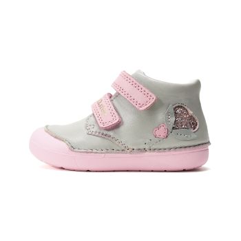 Pantofi DD Step fete, primii pasi, talpa flexibila, piele naturala, Gri Inimioara
