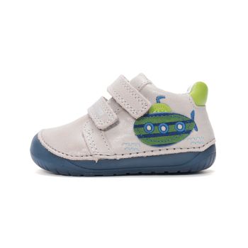 Pantofi DD Step baieti, primii pasi, barefoot, talpa flexibila, piele naturala, Gri Submarin